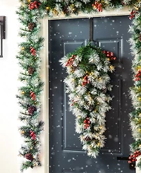 Glitzhome 3' Pre-Lit Pinecones and Red Berries Artificial Christmas Teardrop Swag with 50 Warm White Lights and Timer