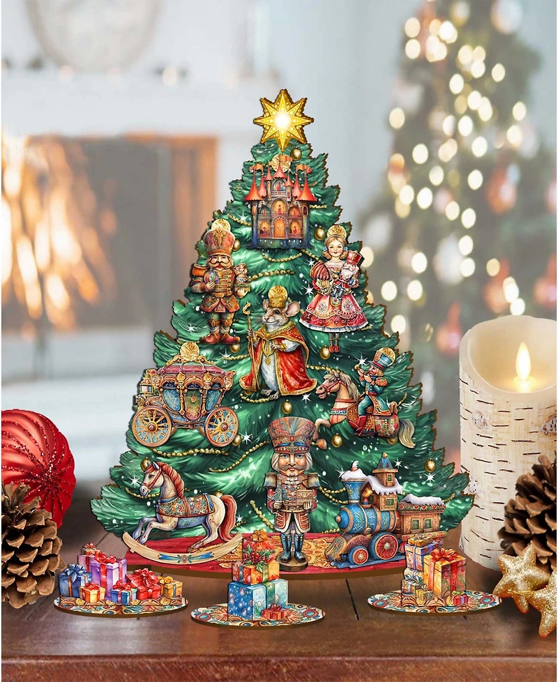 Designocracy Nutcracker Themed Wooden Christmas Tree with Ornaments Set of 13 G. DeBrekht