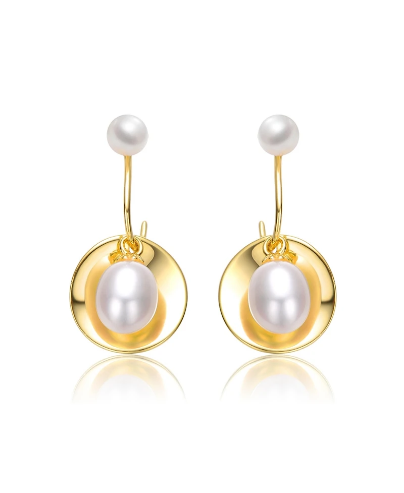Sterling Silver 14k Yellow Gold Plated with White Freshwater Pearl Double Drop Seashell Dangle Earrings