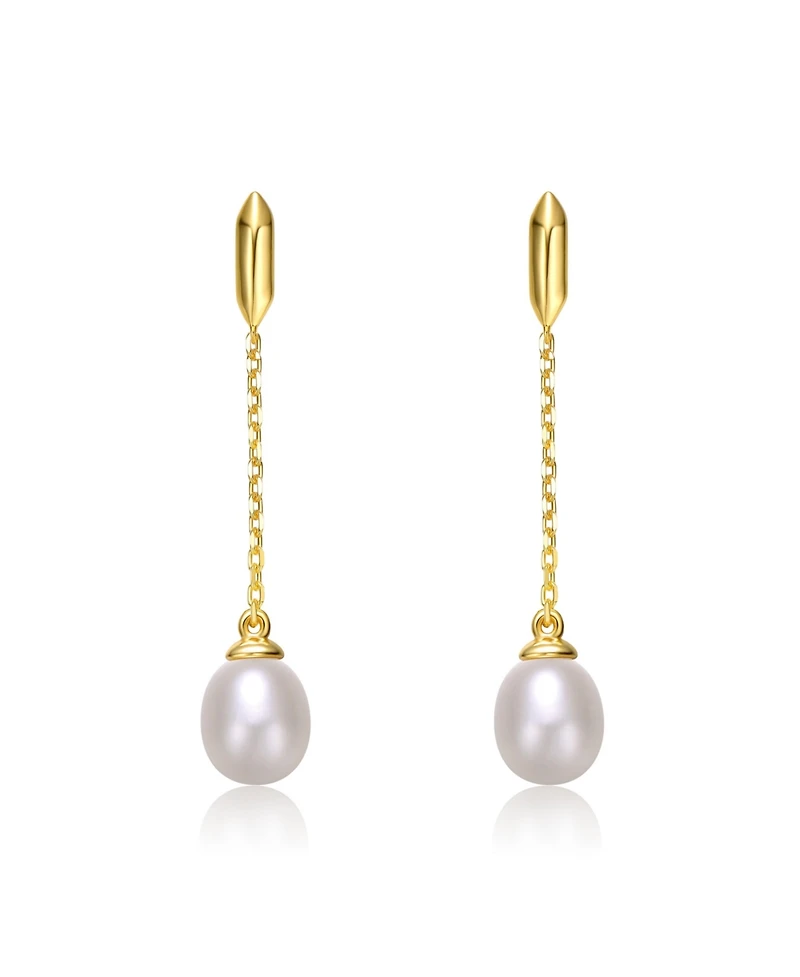 Sterling Silver 14k Yellow Gold Plated with White Freshwater Pearl Linear Dangle Drop Cable Chain Earrings
