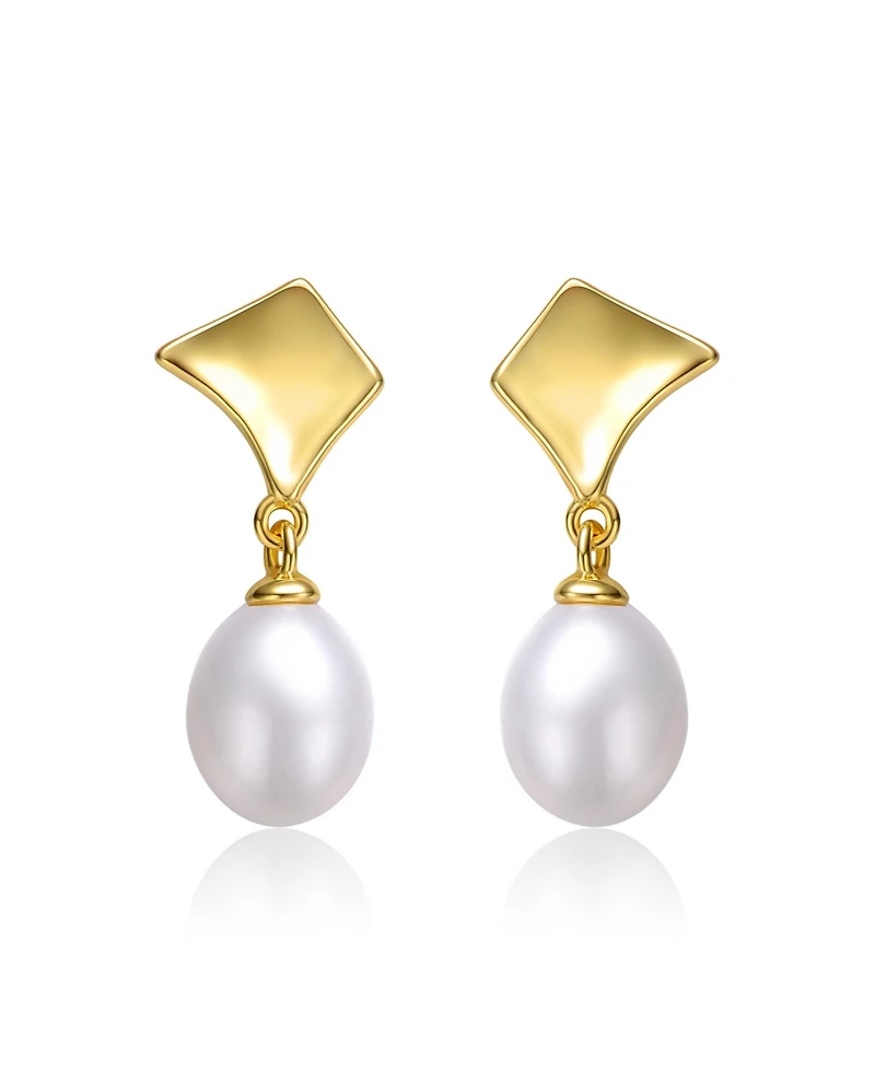Sterling Silver 14k Yellow Gold with White Freshwater Pearl Drop Geometric Shield Retro Dangle Earrings