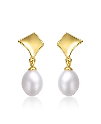 Sterling Silver 14k Yellow Gold with White Freshwater Pearl Drop Geometric Shield Retro Dangle Earrings