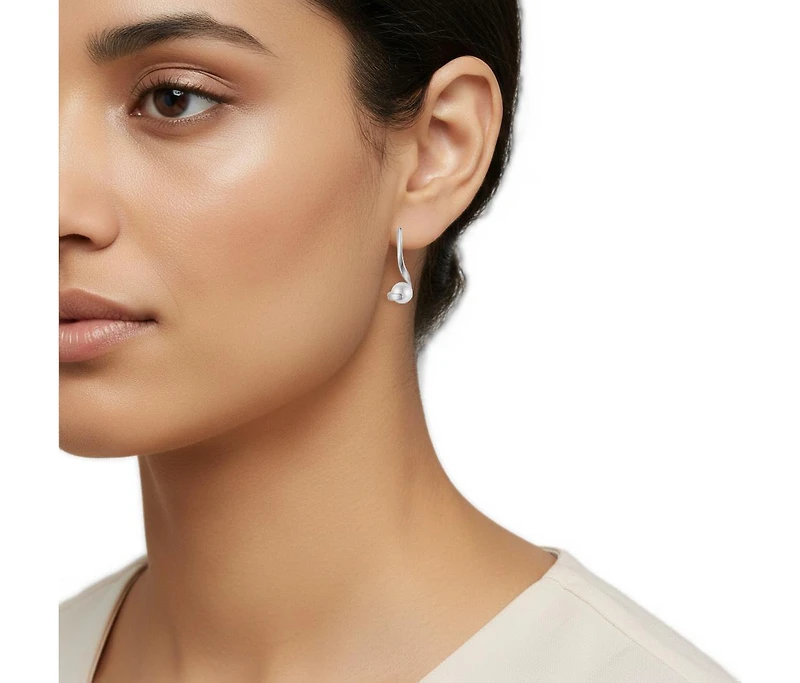 Sterling Silver with Freshwater White Pearl Ribbon Swirl Dangle Drop Earrings