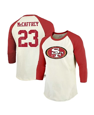 Men's Majestic Threads Christian McCaffrey Cream, Scarlet San Francisco 49ers Player Name and Number Raglan 3/4-Sleeve T-shirt