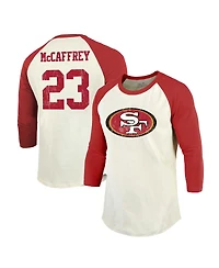 Men's Majestic Threads Christian McCaffrey Cream, Scarlet San Francisco 49ers Player Name and Number Raglan 3/4-Sleeve T-shirt