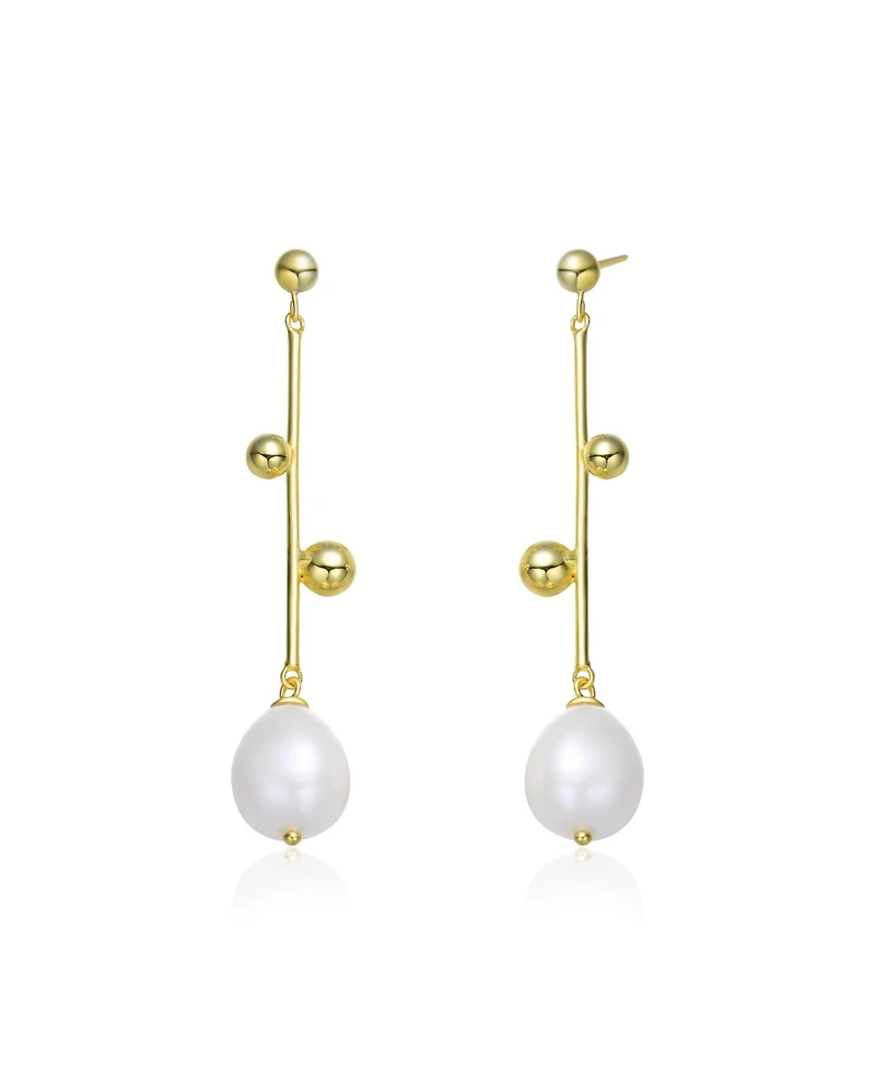 Sterling Silver 14K Gold Plated Genuine Freshwater Pearl Dangling Earrings