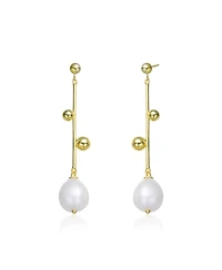 Sterling Silver 14K Gold Plated Genuine Freshwater Pearl Dangling Earrings