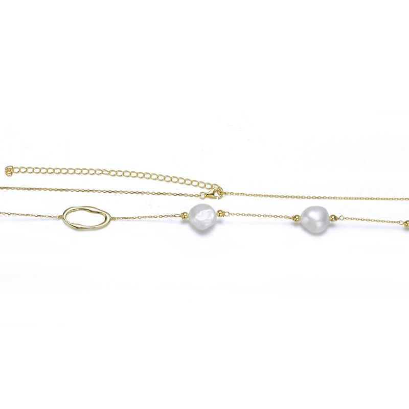 Classy Sterling Silver 14K Gold Plating and Genuine Freshwater Pearl Station Necklace