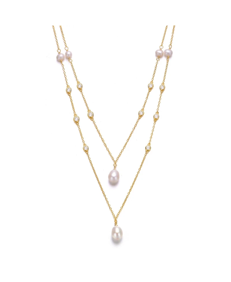 Genevive Sterling Silver 14K Gold Plated with Freshwater Pearl Layered Necklace