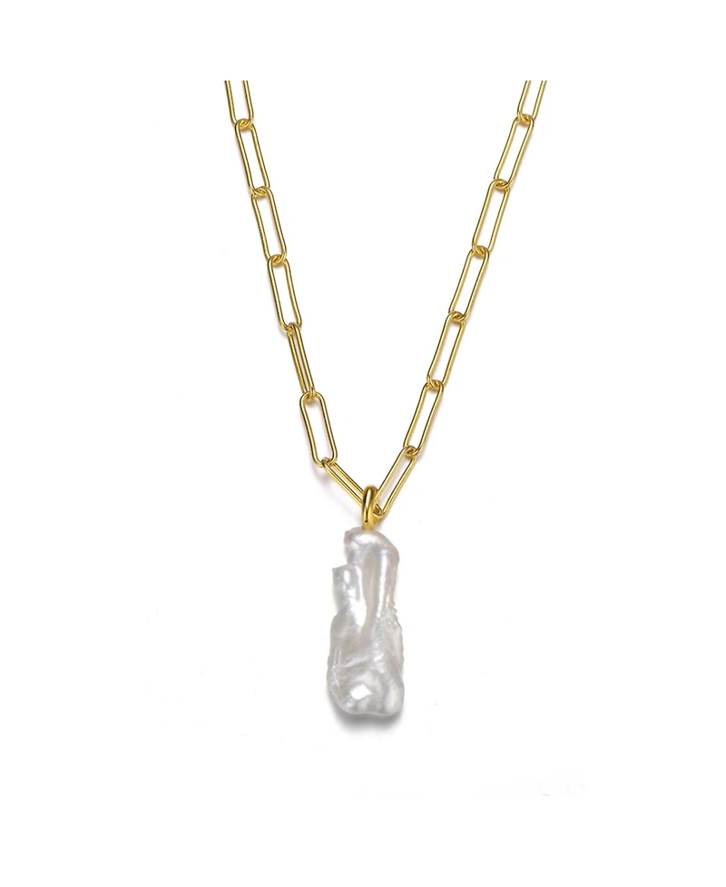 14k Yellow Gold Plated with Free-Form Baroque Genuine Freshwater White Pearl Pendant Cable Layering Necklace in Sterling SIlver