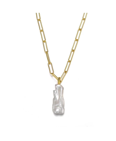 14k Yellow Gold Plated with Free-Form Baroque Genuine Freshwater White Pearl Pendant Cable Layering Necklace in Sterling SIlver