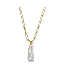 14k Yellow Gold Plated with Free-Form Baroque Genuine Freshwater White Pearl Pendant Cable Layering Necklace in Sterling SIlver