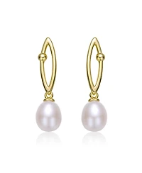 Sterling Silver 14k Yellow Gold Plated with Freshwater Pearl & Cubic Zirconia Oblong Marquise Drop Earrings