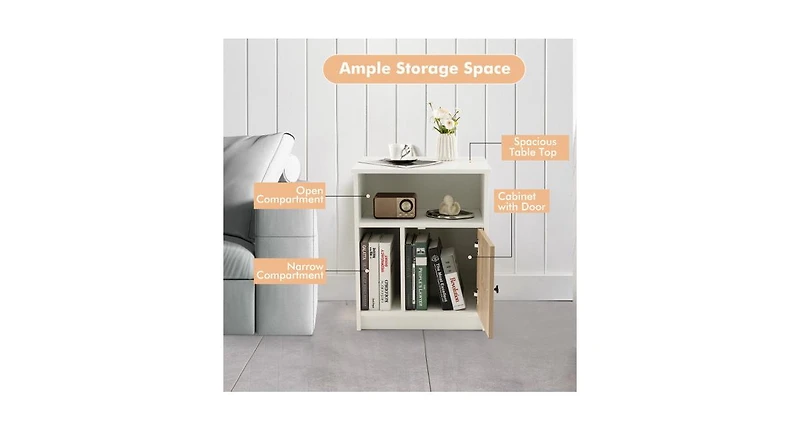 2 Pieces 25 Inch Tall Nightstands with Door and 2 Open Shelves-White