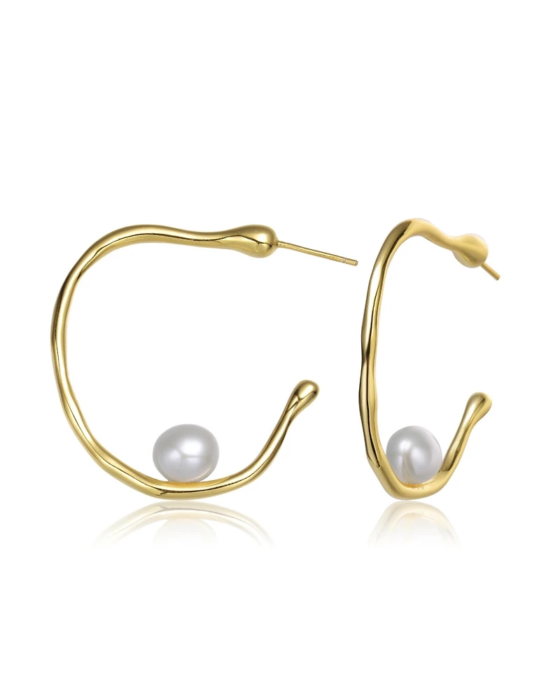 Sterling Silver 14K Gold Plated with Genuine Freshwater Pearl Hoop Earrings