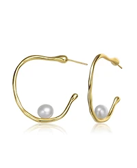 Sterling Silver 14K Gold Plated with Genuine Freshwater Pearl Hoop Earrings