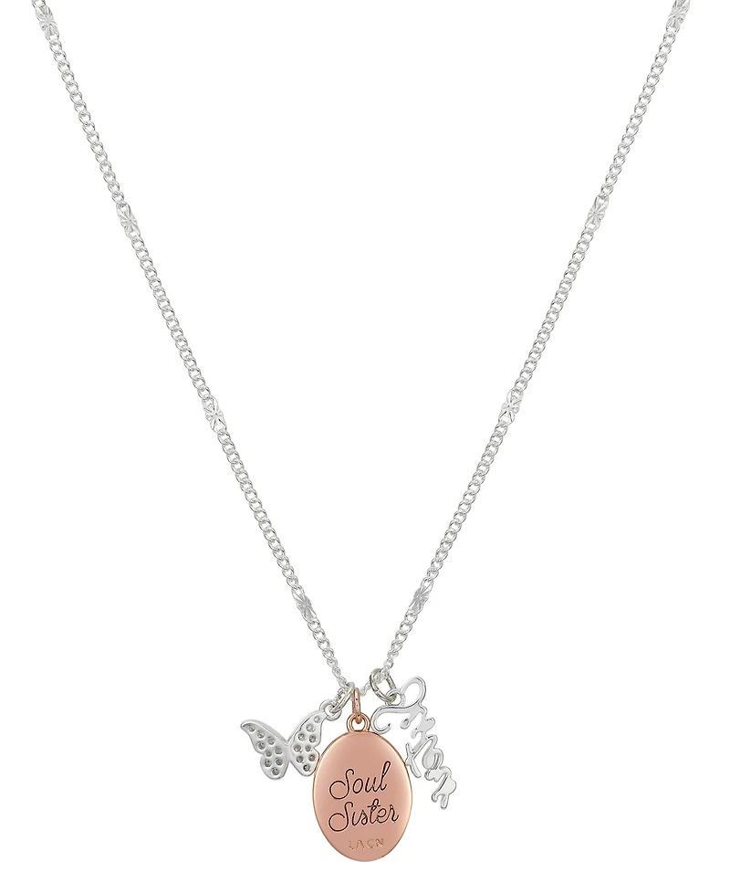 Unwritten 14K Rose Gold Plated Heart and Butterfly, Cubic Zirconia Butterfly and Silver Plated Sister Pendant Necklace