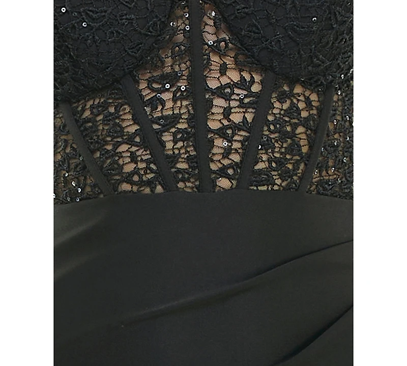 B Darlin Juniors' Strappy Sequinned-Lace Illusion-Corset Maxi Dress