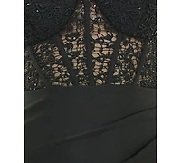 B Darlin Juniors' Strappy Sequinned-Lace Illusion-Corset Maxi Dress