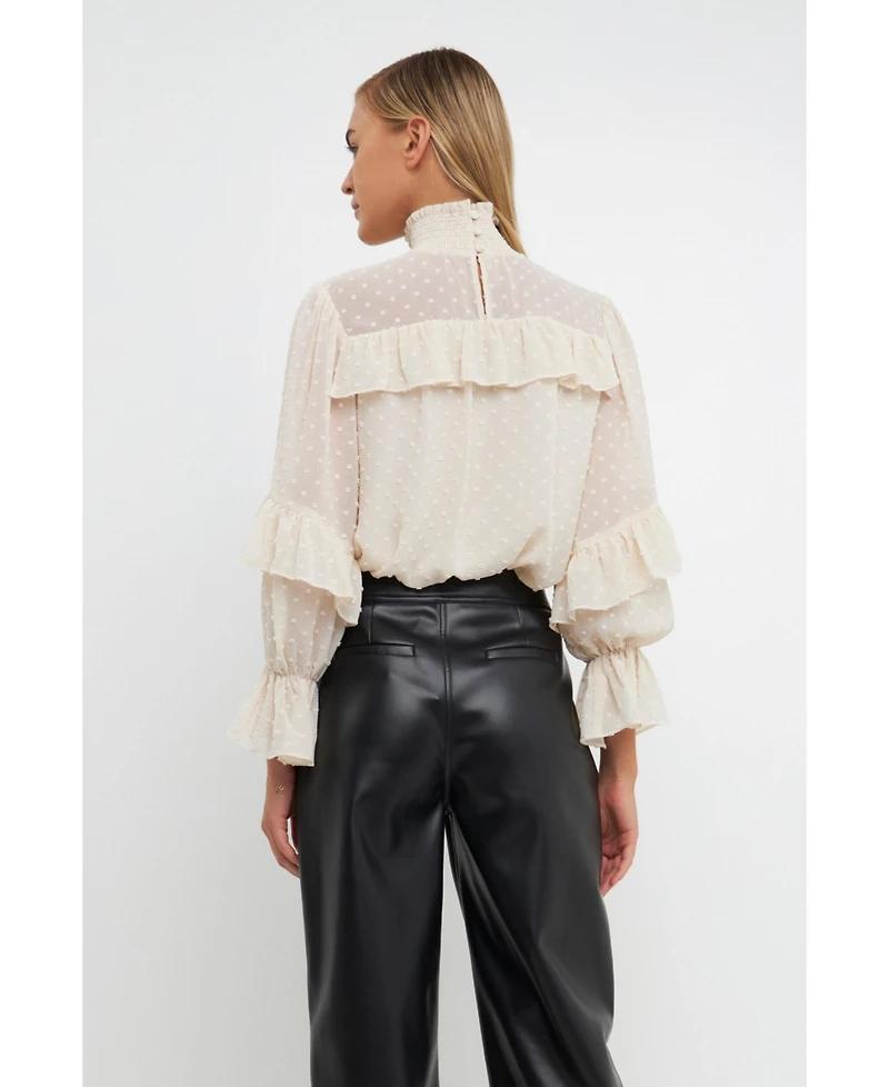 English Factory Women's Swiss Dot Chiffon Ruffle Blouse