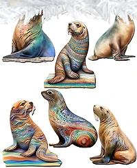 Designocracy Holiday Wooden Clip-On Ornaments Coastal Sea Lions Set of 6 G. DeBrekht