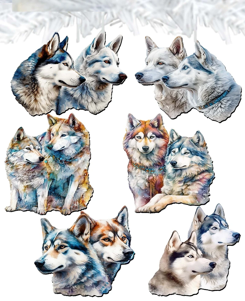Designocracy Holiday Wooden Clip-On Ornaments The Graceful Huskies Set of 6 G. DeBrekht