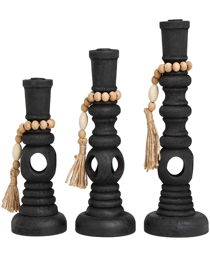 Wood Handmade Textured Matte Candle Holder with Beaded Garland Accent 14", 12" and 10" H, Set of 3