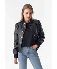 Furniq Uk Women's Genuine Leather Bomber Jacket, Crocodile Emboss Black