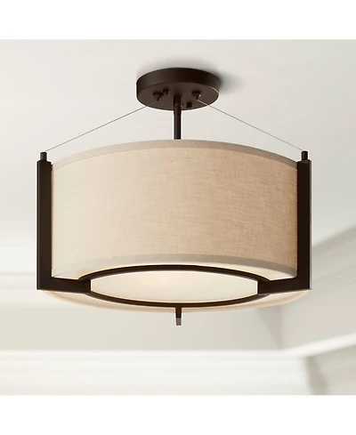 Possini Euro Design Stinson Modern Ceiling Light Semi Flush Mount Fixture 17 1/4" Wide Bronze 3-Light Linen Drum Shade for Bedroom Kitchen Living