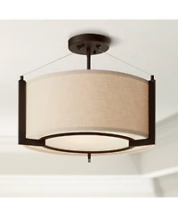 Possini Euro Design Stinson Modern Ceiling Light Semi Flush Mount Fixture 17 1/4" Wide Bronze 3-Light Linen Drum Shade for Bedroom Kitchen Living