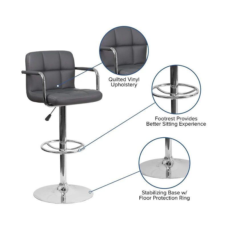 Contemporary Quilted Vinyl Adjustable Height Barstool With Arms