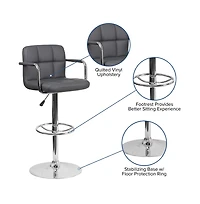 Contemporary Quilted Vinyl Adjustable Height Barstool With Arms