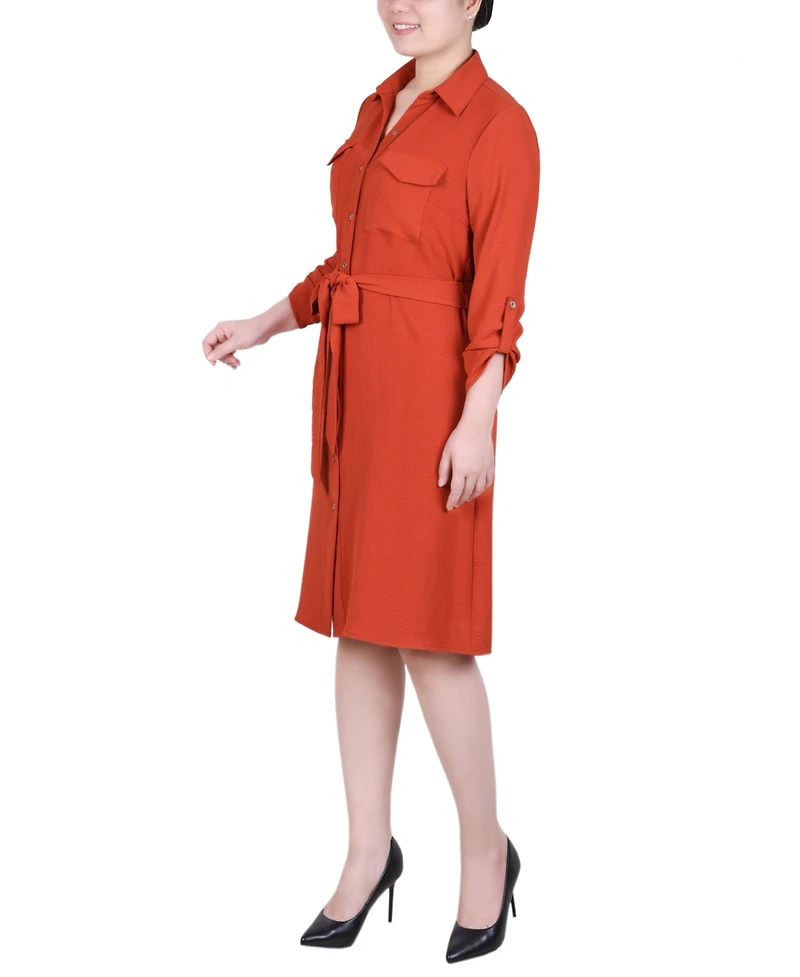 Ny Collection Petite Long Roll Tab Sleeve Shirtdress