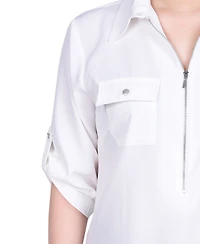 Ny Collection Petite 3/4 Roll Tab Sleeve Zip Front Blouse
