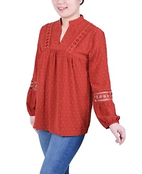 Ny Collection Petite Long Sleeve Blouse with Crochet Trim