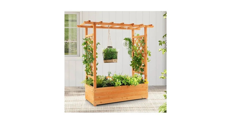 Raised Garden Bed with Trellis or Climbing Plant and Pot Hanging-Natural