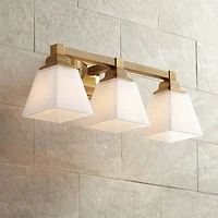 Mencino-Opal Modern Wall Mount Light Warm Brass Gold Metal Hardwired 20" Wide 3-Light Vanity Fixture Etched White Glass Shades for Bathroom Over Mirro