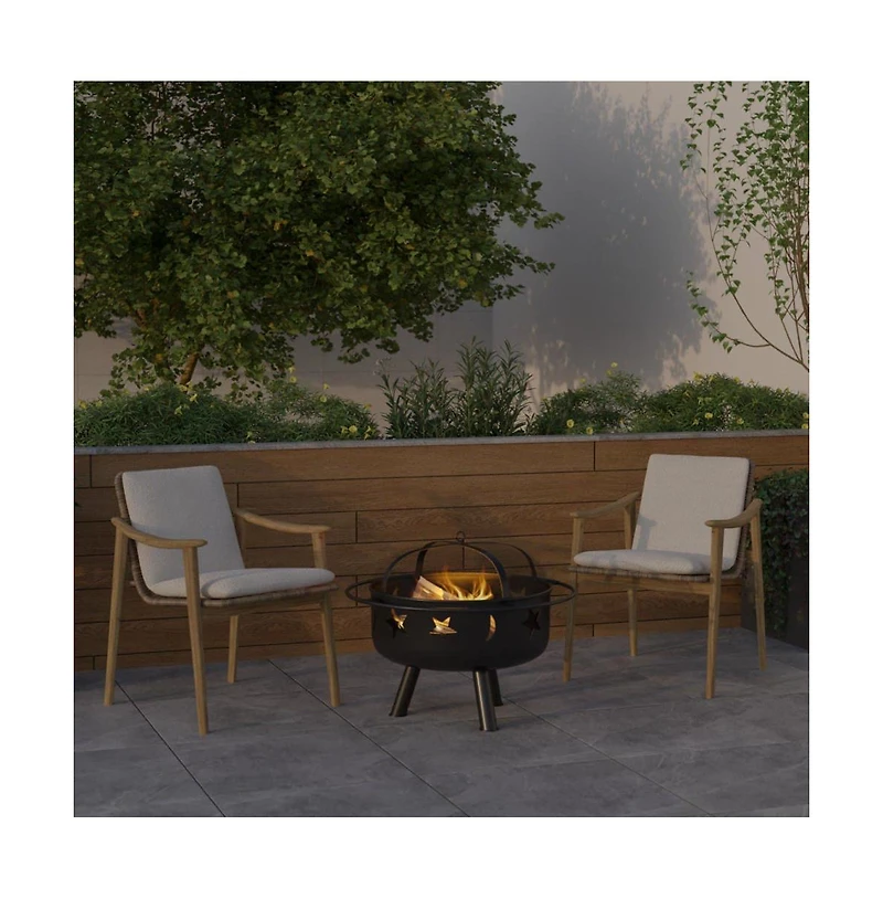 Emma+Oliver Round Wood Burning Sun & Moon Cutout Outdoor Firepit With Mesh Spark Screen