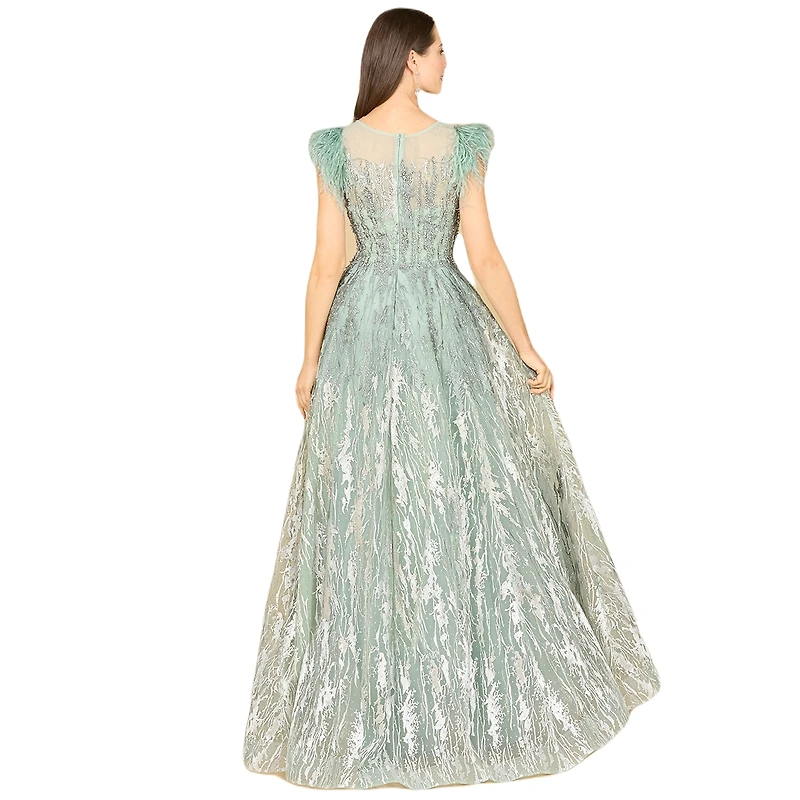Lara Women's Lace ballgown with Feather Cap Sleeves