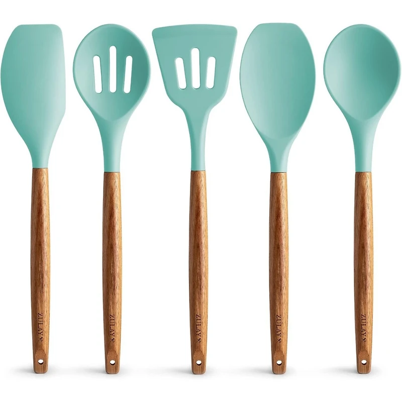 5 Piece Silicone Utensils Set with Authentic Acacia Wood Handles