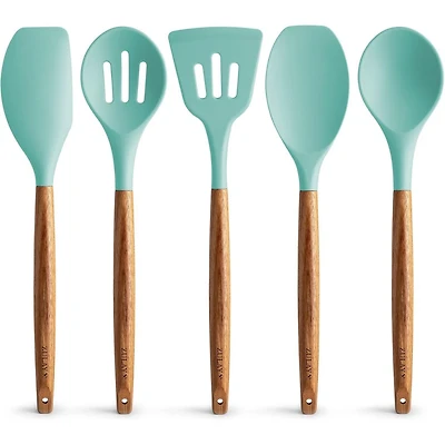 5 Piece Silicone Utensils Set with Authentic Acacia Wood Handles
