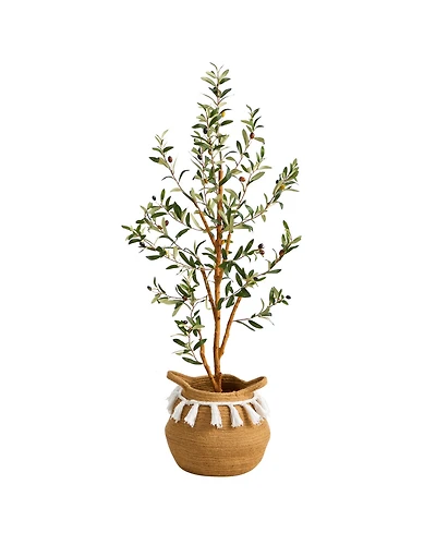 Nearly Natural 42" Artificial Olive Tree with Handmade Jute Cotton Basket with Tassels