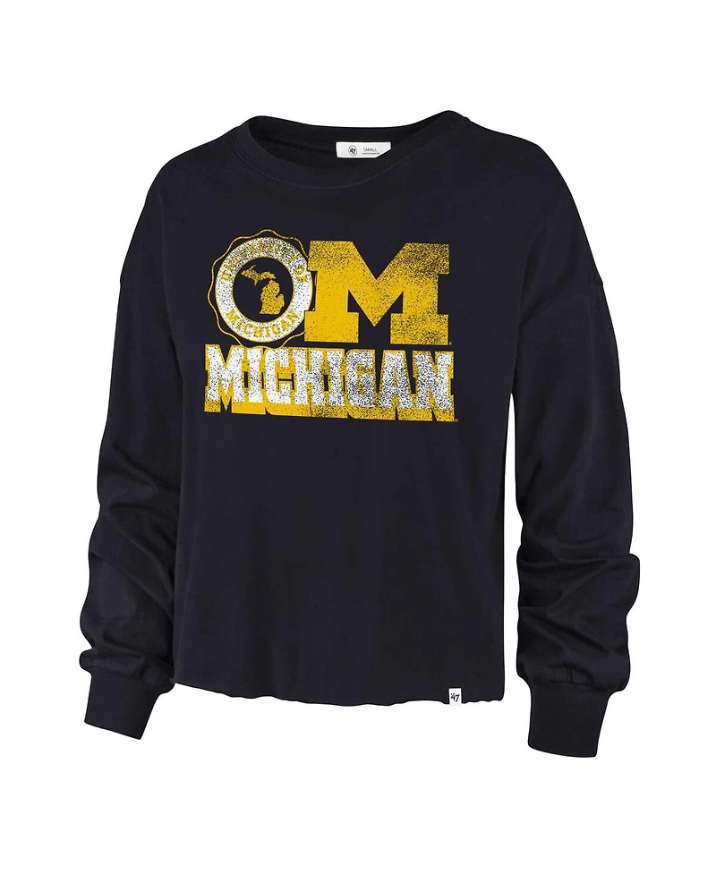 Women's '47 Brand Navy Distressed Michigan Wolverines Bottom Line Parkway Long Sleeve T-shirt