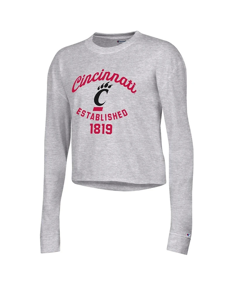 Women's Champion Heather Gray Cincinnati Bearcats Boyfriend Cropped Long Sleeve T-shirt