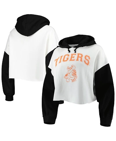 Women's Gameday Couture White, Black Distressed Clemson Tigers Good Time Color Block Cropped Hoodie