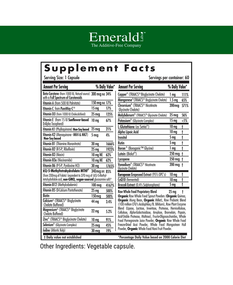 Emerald Labs Women's 45+ 1-Daily Multi - With Coenzymated B's, Methylated Folic Acid, plus Setria L-Glutathione, CoQ10, K2 and Broccoli Extract