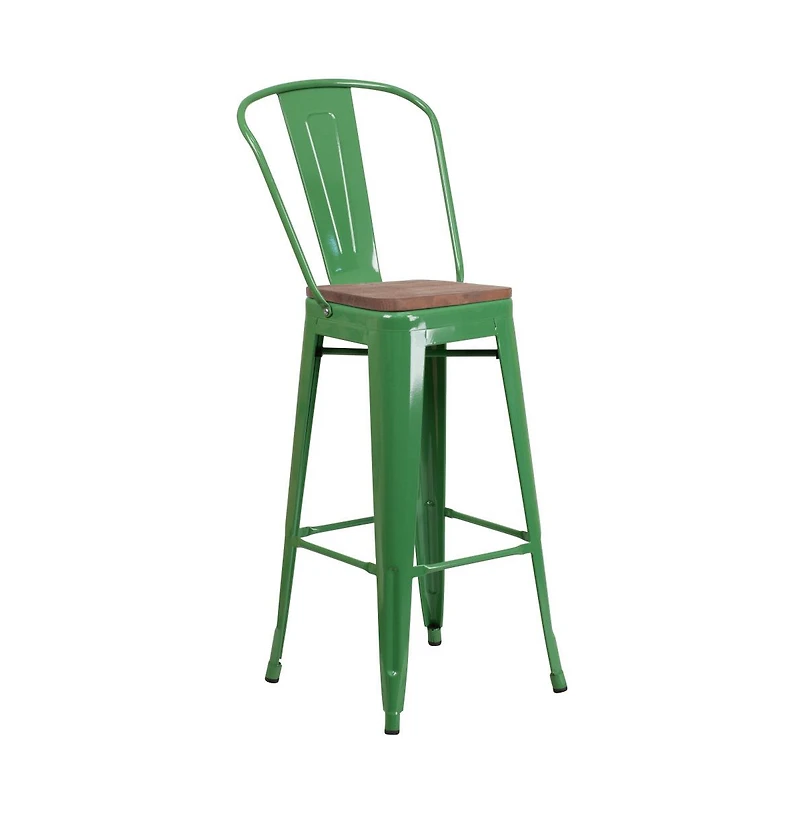Donnelly Metal Dining Stool With Curved Slatted Back And Textured Wood Seat