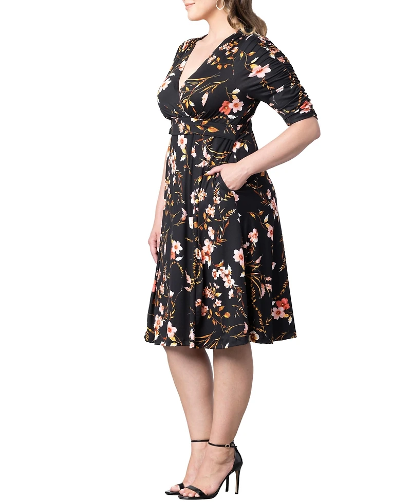 Kiyonna Plus Size Gabriella Ruched Sleeve Midi Dress with Pockets