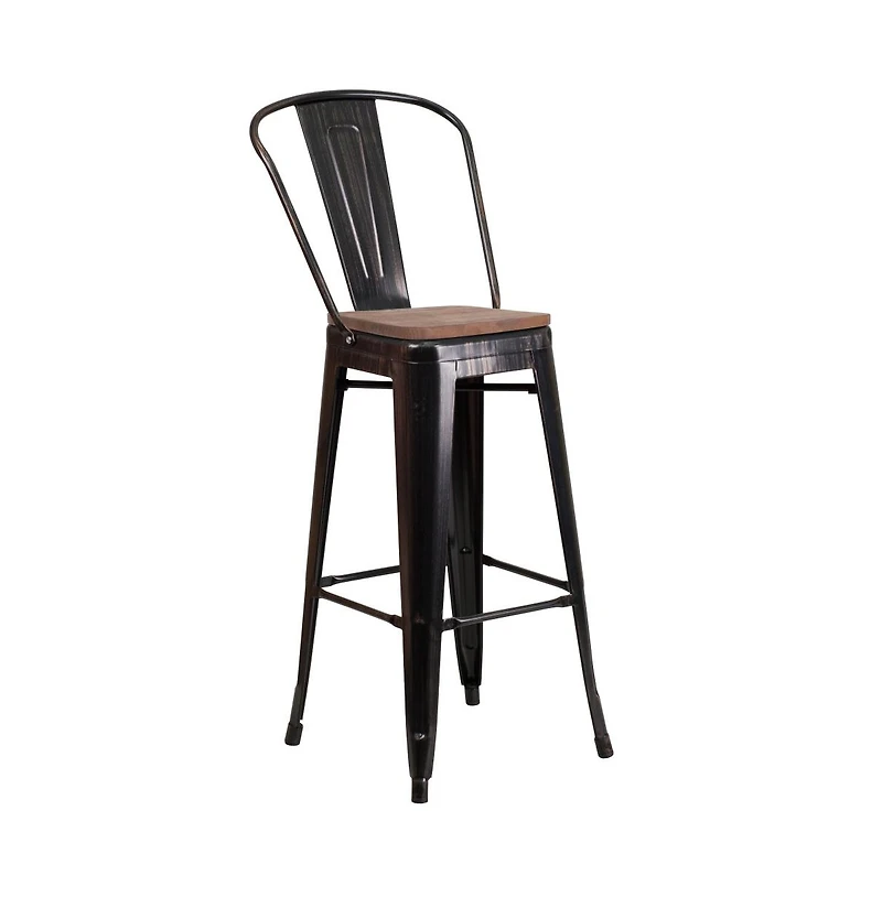 Donnelly Metal Dining Stool With Curved Slatted Back And Textured Wood Seat