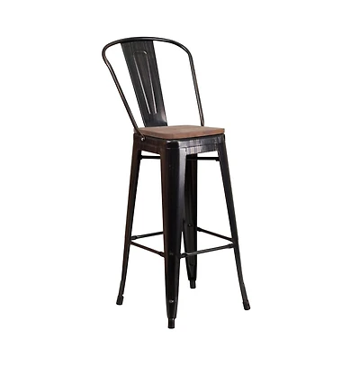 Donnelly Metal Dining Stool With Curved Slatted Back And Textured Wood Seat